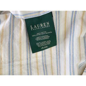RALPH LAUREN Flat Sheet QUEEN Size 100% Cotton Blue Yellow Ticking Stripe NICE